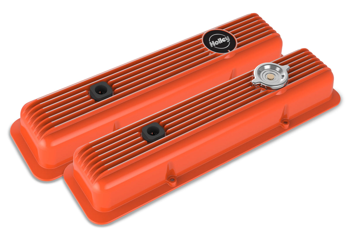 Holley Valve Covers - Muscle Series - Finned - SBC - Factory Orange - 241-136