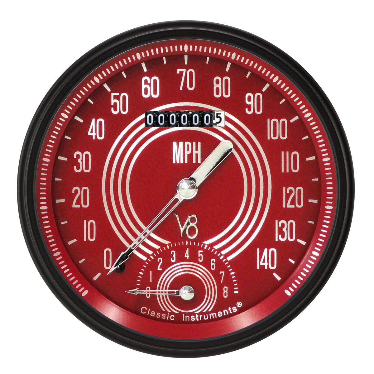 Classic Instruments V8 Red Steelie 5"  Speedtachular Speedometer Gauge - V8RS50BLC