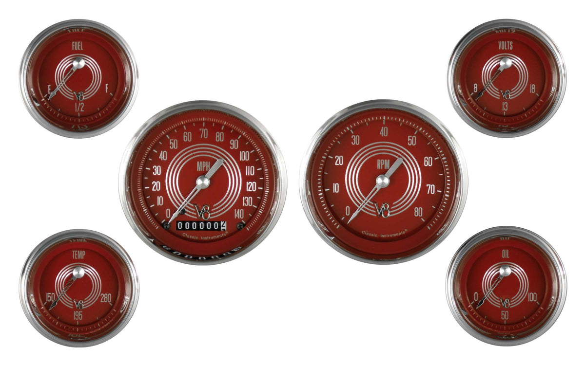 Classic Instruments V8 Red Steelie Six Gauge Set - V8RS51SLC