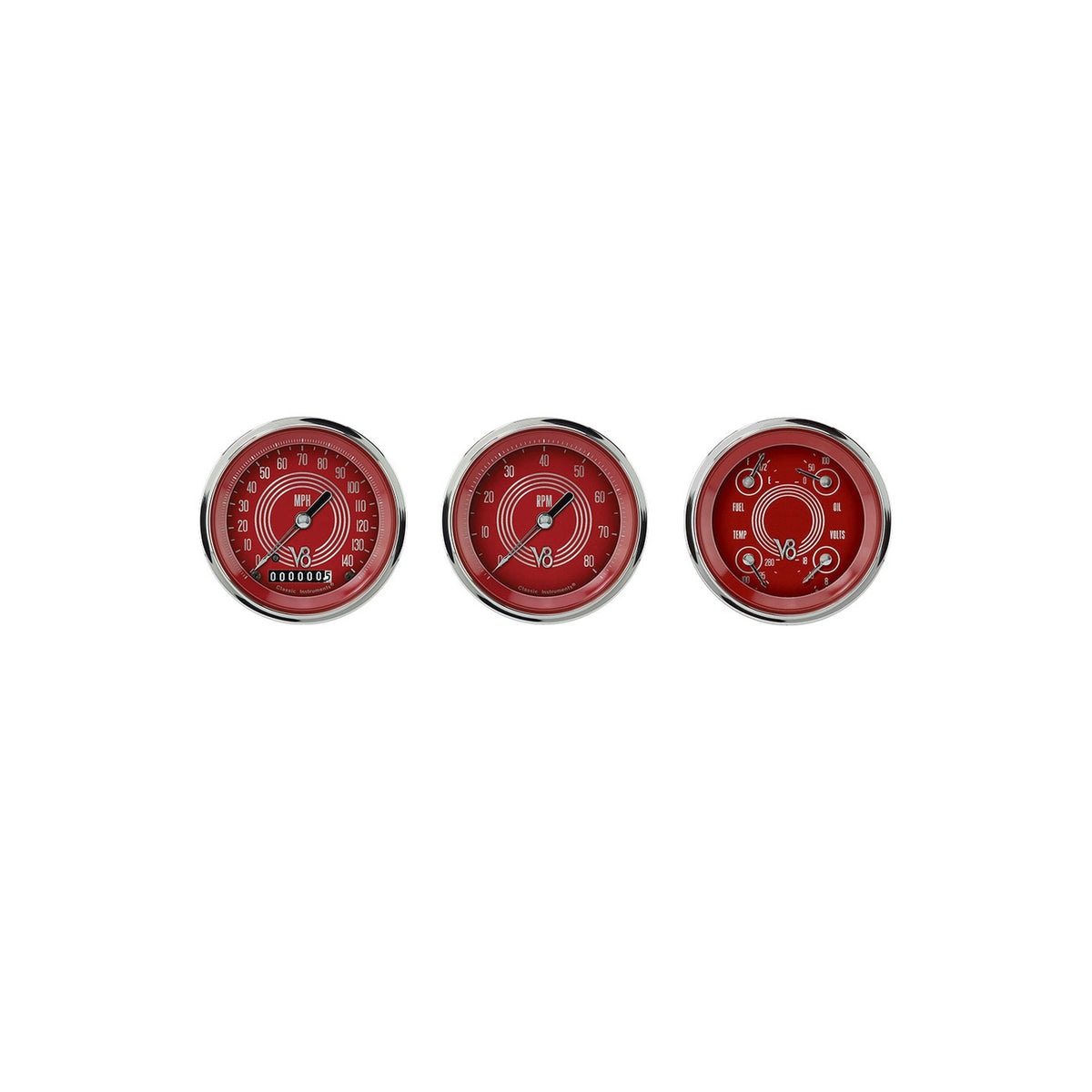 Classic Instruments V8 Red Steelie Three Gauge Set - V8RS53SLC
