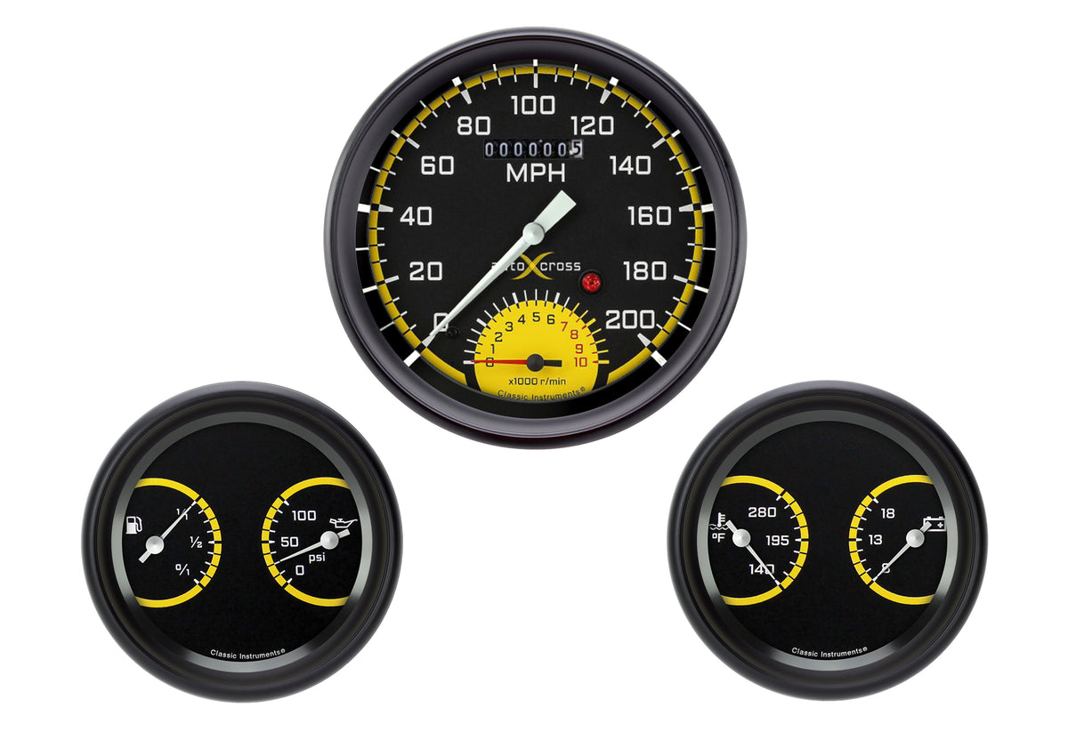Classic Instruments AutoCross Yellow 5" SpeedTach with Two 3" Gauges - AX61YBLF