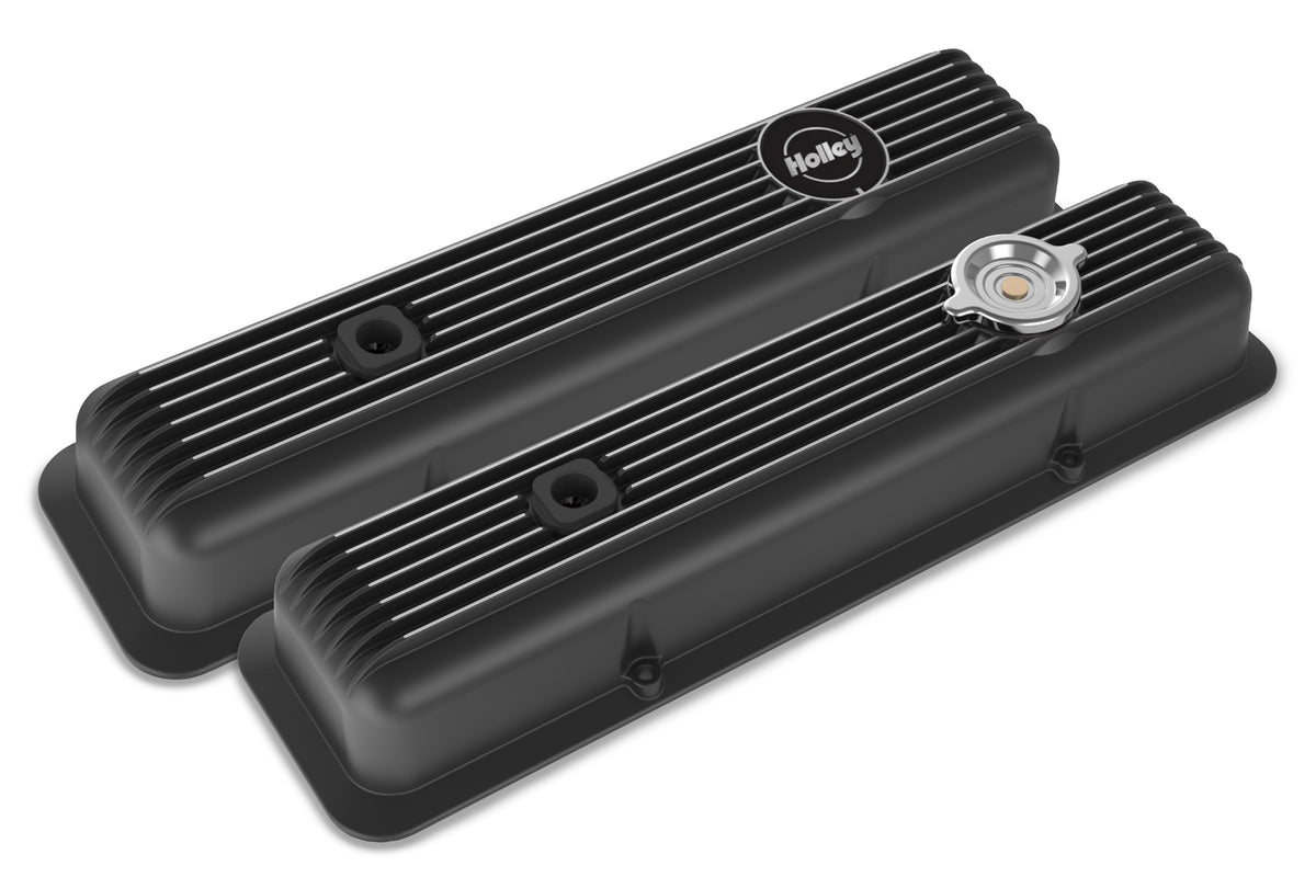 Holley Valve Covers - Muscle Series - Finned - SBC - Satin Black Machined - 241-135