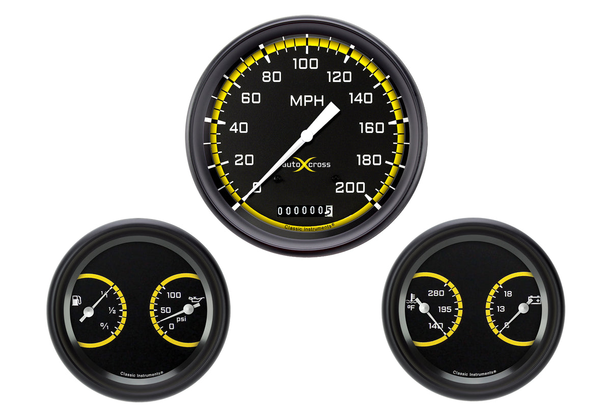 Classic Instruments AutoCross Yellow 5" Speedometer with Two 3" Dual Gauges - AX64YBPF