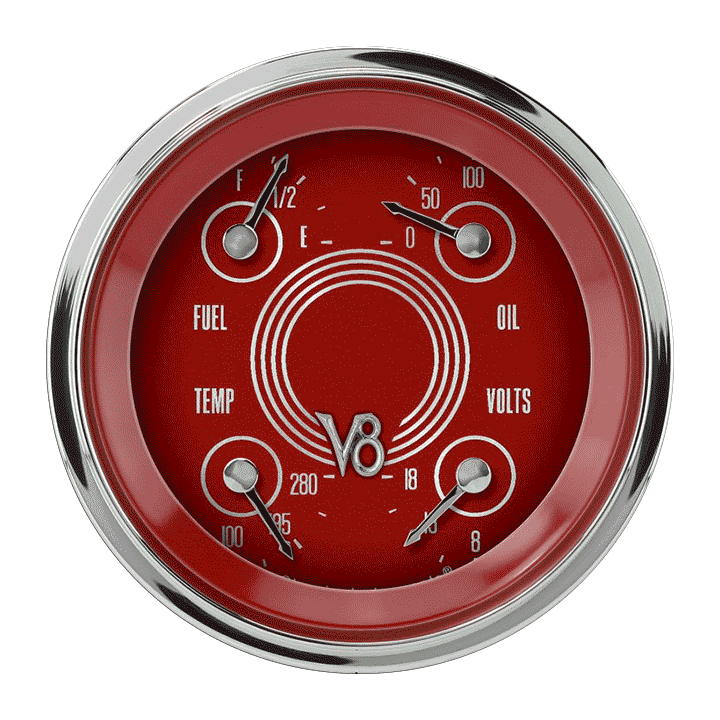 Classic Instruments V8 Red Steelie 3-3/8" Quad Gauge - V8RS77SHC