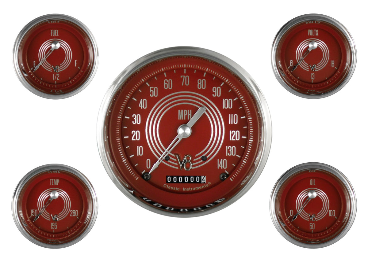 Classic Instruments V8 Red Steelie Five Gauge Set - V8RS54SLC