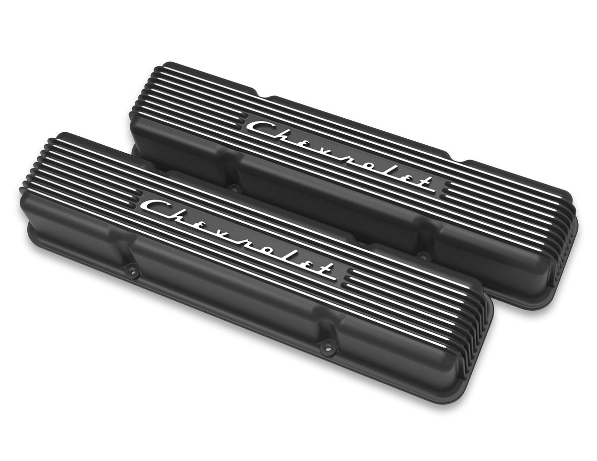 Holley GM Licensed Vintage Series SBC Valve Covers Satin Black Machined Finish - 241-108