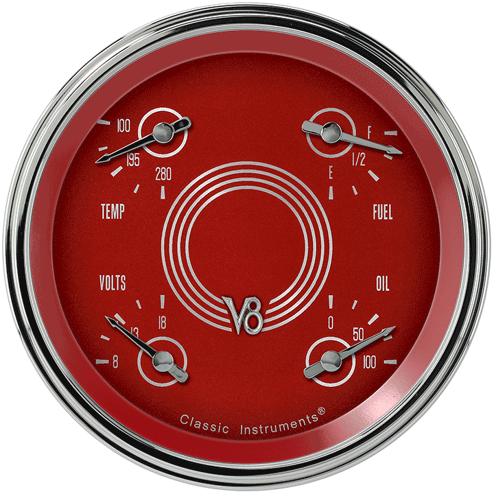 Classic Instruments V8 Red Steelie 4-5/8" Quad Gauge - V8RS75SLC