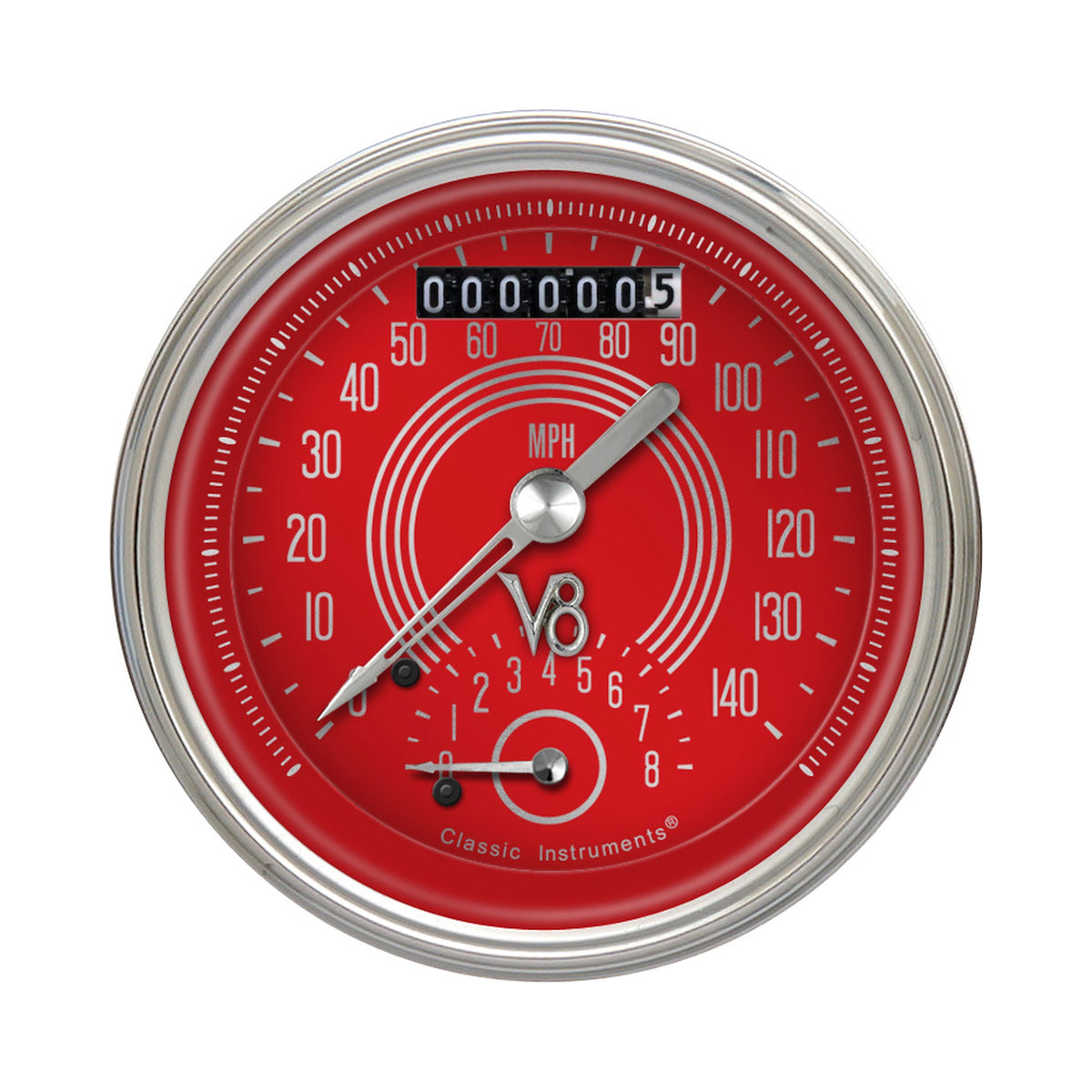 Classic Instruments V8 Red Steelie 3-3/8" Ultimate Speedometer Gauge - V8RS20SHC